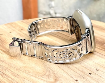 Silver Floral Fitbit Versa 4 Band, Metal Charm Bracelet, Sense 2 Bangle for Women