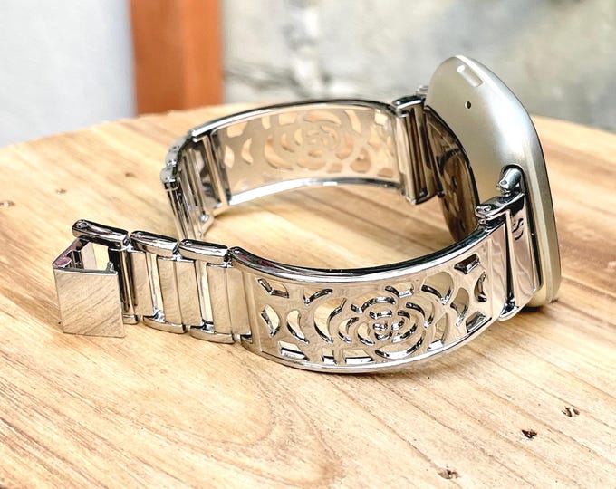 Silver Floral Fitbit Versa 4 Band, Metal Charm Bracelet, Sense 2 Bangle for Women