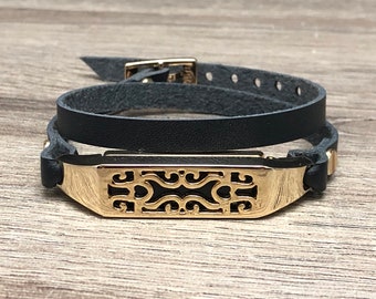 Black Leather Fitbit Flex 2 Band: Gold Flower Bracelet Strap