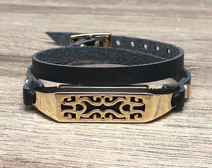 Black Leather Fitbit Flex 2 Band: Gold Flower Bracelet Strap
