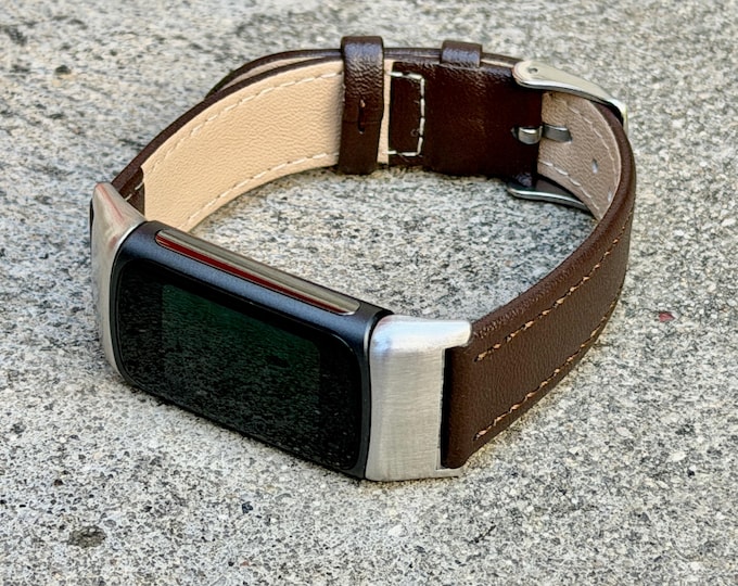 Dark Brown Leather Fitbit Charge 6 Band, Adjustable Stitched Leather Strap, Gold/Silver Hardware