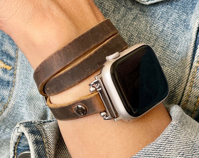 Rustic Leather BoHo Apple Watch Strap Band Women iWatch Multi Wrap Bracelet Designer Jewelry Bands Slim Distressed Bracelets Silver Accents