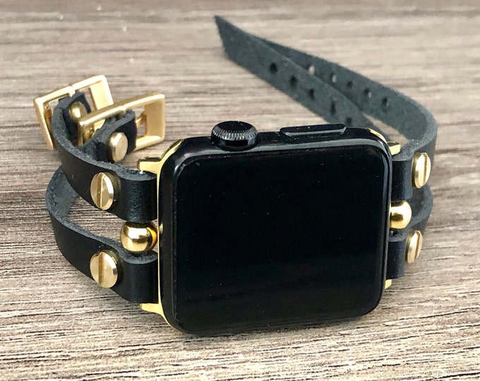 SALE! Black Leather & Gold Apple Watch Band 38mm 40mm 41mm 42mm 44mm 45mm Formal Wear Women iWatch Bracelet Double Straps Style Wristband