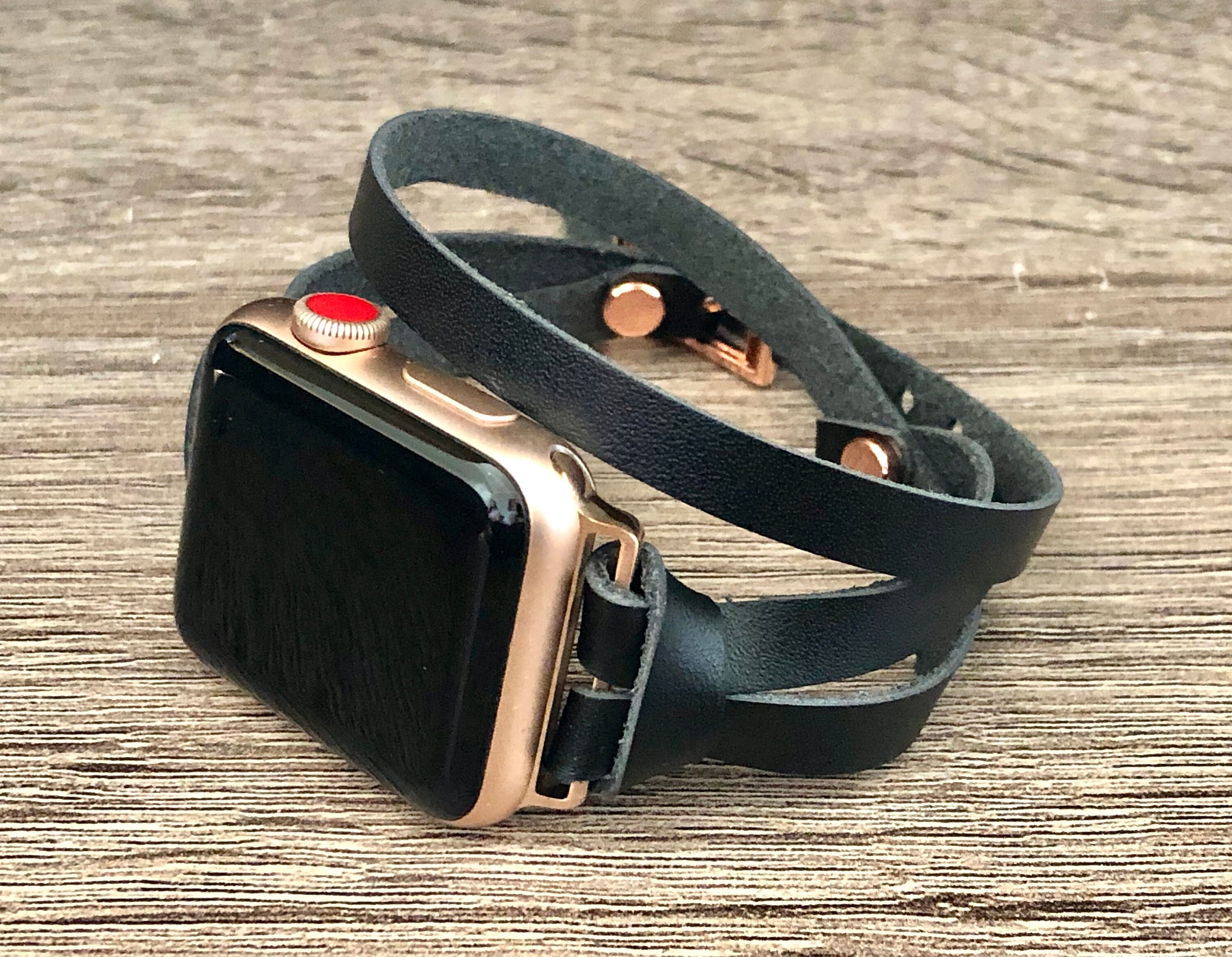 Rose Gold Apple Watch Black Leather Bracelet iWatch Band Double Wrapped Genuine Leather 38mm ...