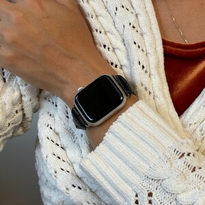 Black Leather Apple Watch Band 42mm 46mm 38mm 40mm 41mm 44mm 45mm Ultra, Slim Wrap Bracelet Silver Accents Women Strap Jewelry Gift for Her