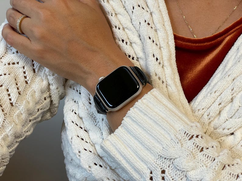 Black Leather Apple Watch Band 42mm 46mm 38mm 40mm 41mm 44mm 45mm Ultra, Slim Wrap Bracelet Silver Accents Women Strap Jewelry Gift for Her