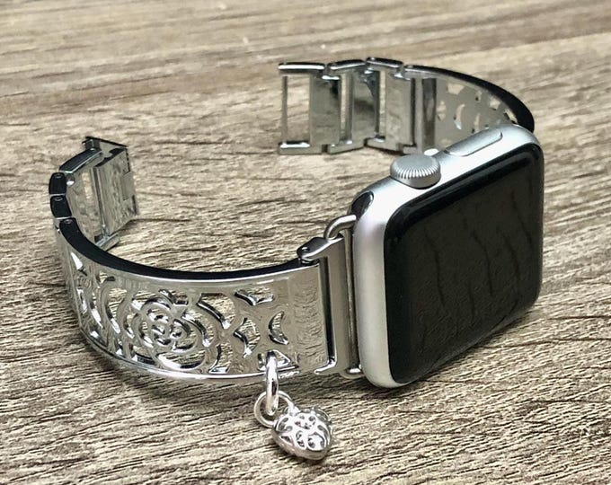 Silver Apple Watch Band 42mm 46mm Women Charm Bracelet, Adjustable Links Strap Jewelry