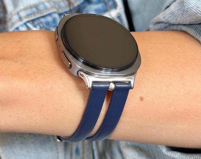 Navy Blue Leather Galaxy Watch 8 Band Slim Double Strap Bracelet for Women - Adjustable