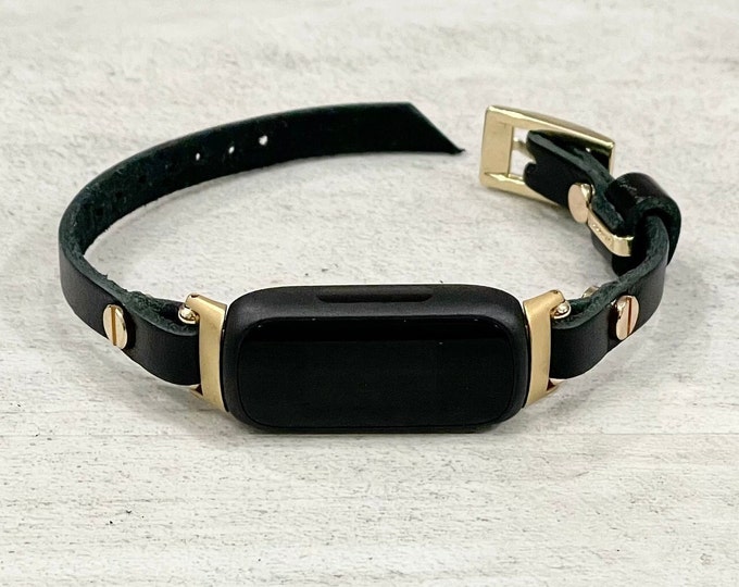 Women Style Band for Fitbit Inspire 3 Tracker, Slim Black Italian Leather Strap with Gold Accents Bracelet, Perfect for Daily Wear