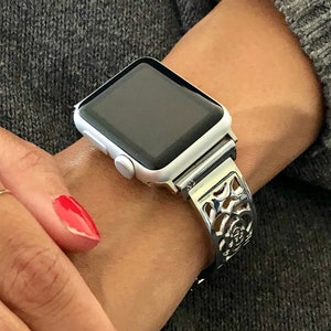 Silver Apple Watch Band 38/40/41mm/42/44/45mm Adjustable Apple Watch Bracelet Sterling Silver Heart Medallion Apple Watch Bangle iWatch Band