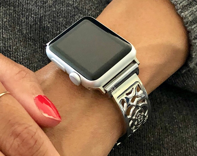 Silver Apple Watch Band 38/40/41mm/42/44/45mm Adjustable Apple Watch Bracelet Sterling Silver Heart Medallion Apple Watch Bangle iWatch Band