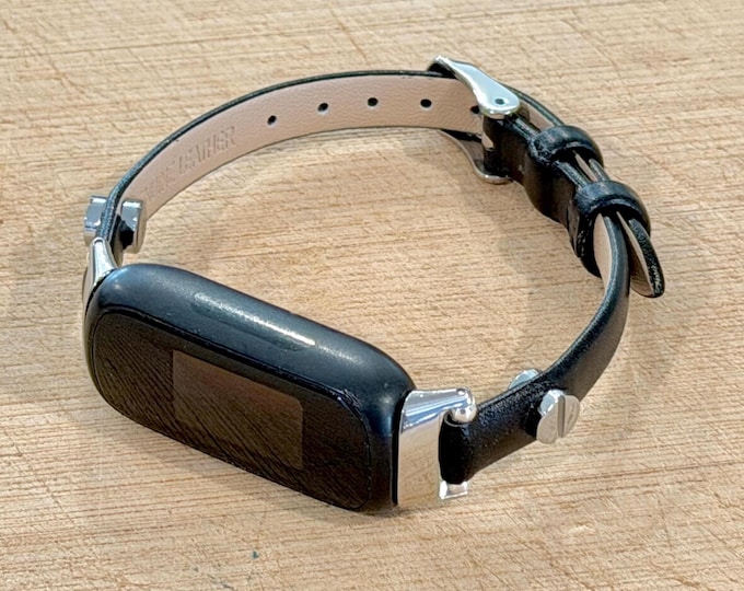 Slim Black Leather Band for Fitbit Luxe & Inspire 3, Silver Accents Strap, Women's Bracelet