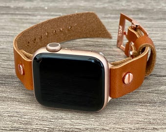 Brown Leather Apple Watch Band with Rose Gold Accents