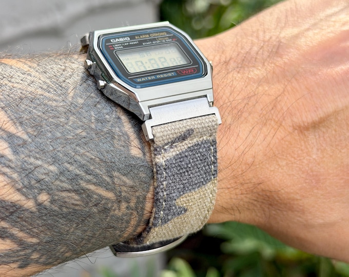Sand Camo Canvas Watch Band 20mm Strap for Casio F-91W, A18W, Royale, Quick-Release Pins
