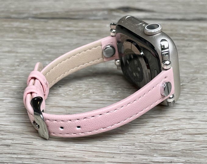 Apple Watch Band Women Slim Pink Leather Strap 42mm 46mm 41mm 40mm 38mm 44mm 45mm Ultra 2, Adjustable Size Bracelet, Feminine Style Jewelry