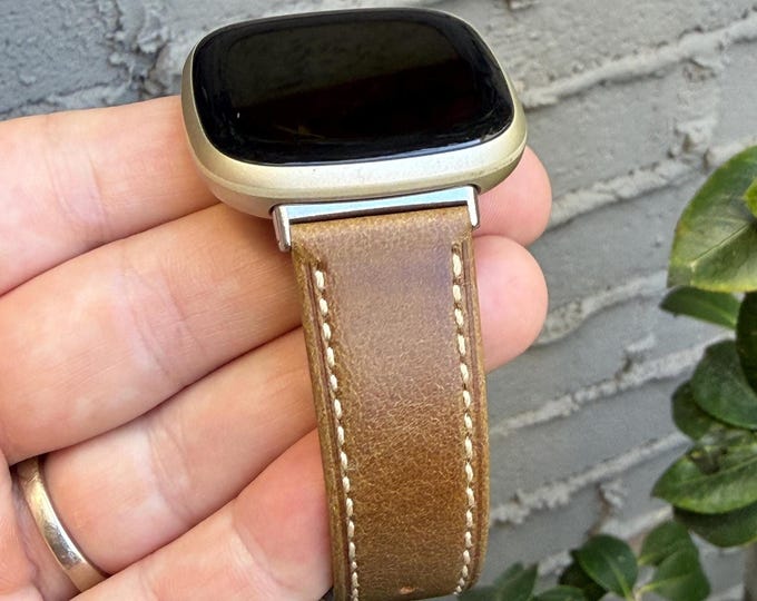Genuine Rustic Leather Band for Fitbit Versa 4, 20mm Stitched Strap, Silver Hardware