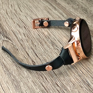 Women Style Slim Black Leather Galaxy Watch 6 Band 40mm 44mm, Watch 5 Strap 45mm, Watch 6 Pro Bracelet 43mm 47mm, Rose Gold Accents,