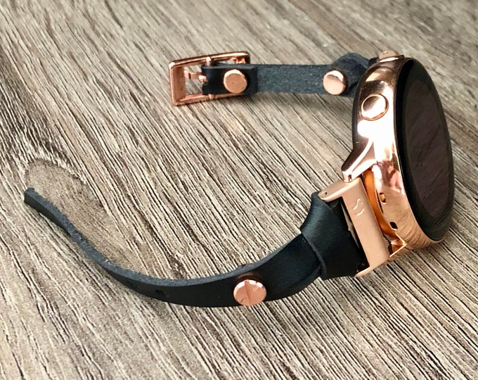 Women Style Slim Black Leather Galaxy Watch 6 Band 40mm 44mm, Watch 5 Strap 45mm, Watch 6 Pro Bracelet 43mm 47mm, Rose Gold Accents,