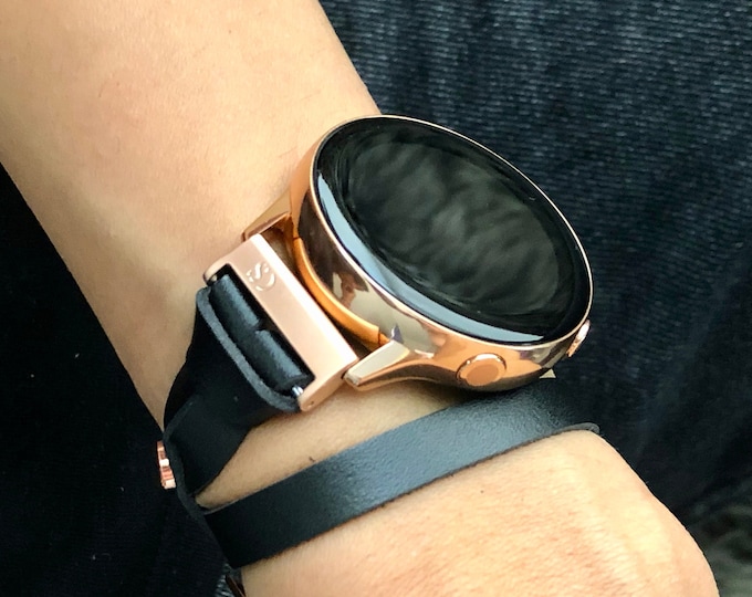 Black Leather Galaxy Watch Band Series 7 6 5 Double Wrap Strap for Women, Elegant Samsung Watch Bracelet Gift for Her Stylish Accessory