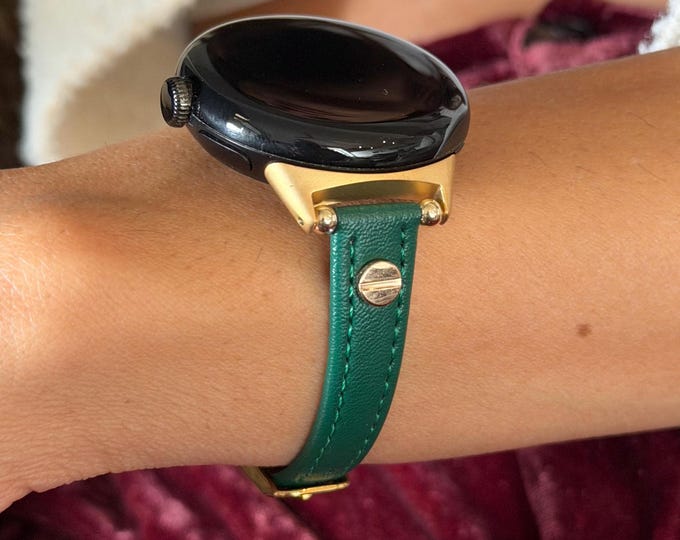 Emerald Green Leather Pixel Watch 4 Band 41mm 45mm Slim Strap Gold Accents Bracelet