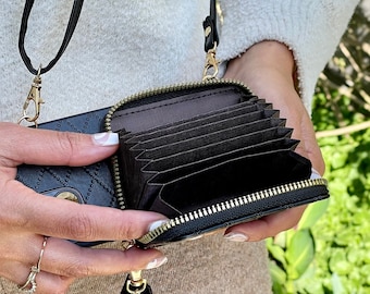 Personalized Leather iPhone Wallet Case: Crossbody Strap & Zipper