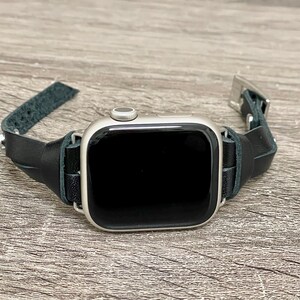 Black Leather Apple Watch Band 42mm 46mm 38mm 40mm 41mm 44mm 45mm Ultra, Slim Wrap Bracelet Silver Accents Women Strap Jewelry Gift for Her