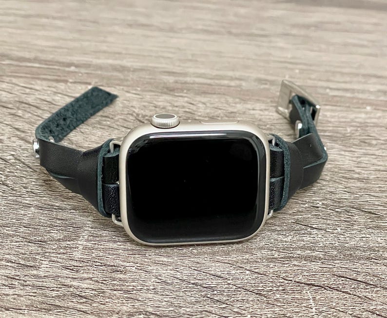 Black Leather Apple Watch Band 42mm 46mm 38mm 40mm 41mm 44mm 45mm Ultra, Slim Wrap Bracelet Silver Accents Women Strap Jewelry Gift for Her