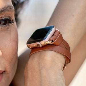 Rose Gold Apple Watch Band 38mm 40mm 41mm 42mm 44mm 45mm, Women Apple Watch Bracelet, Leather Apple Watch Wristband, Brown Double Wrap Strap