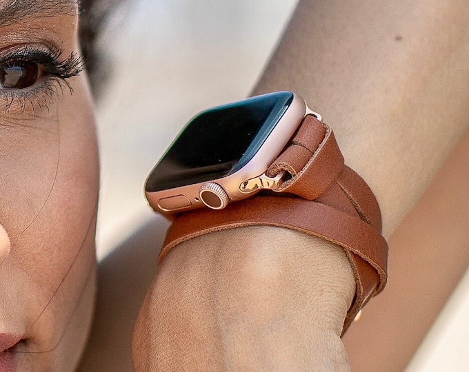 Rose Gold Apple Watch Band 38mm 40mm 41mm 42mm 44mm 45mm, Women Apple Watch Bracelet, Leather Apple Watch Wristband, Brown Double Wrap Strap