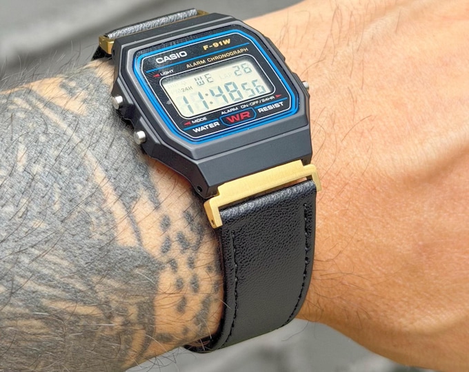 Black Watch Band for Casio F91W-1, Genuine Leather Strap, Adjustable Size Bracelet
