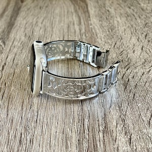 Silver Apple Watch Band 42mm 46mm 40mm 41mm 38mm 44mm 45mm 49mm, Floral Metal Charm Bracelet, Adjustable Links Bangle Luxury Gift for Mother
