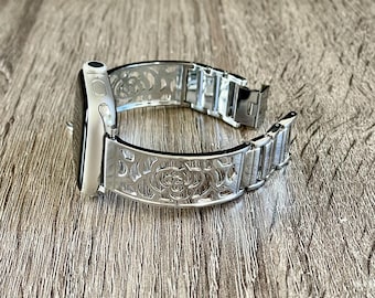 Zilveren bloemen Apple Watch-band, verstelbare metalen bedelarmband