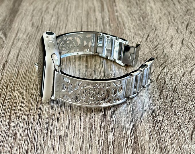 Silver Apple Watch Band 42mm 46mm 40mm 41mm 38mm 44mm 45mm 49mm, Floral Metal Charm Bracelet, Adjustable Links Bangle Luxury Gift for Mother