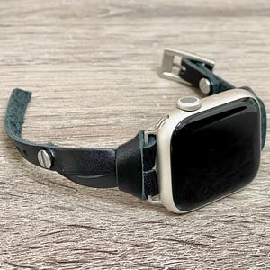 Black Leather Apple Watch Band 42mm 46mm 38mm 40mm 41mm 44mm 45mm Ultra, Slim Wrap Bracelet Silver Accents Women Strap Jewelry Gift for Her