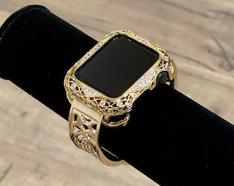 Bling Style Gold Apple Watch Band, Pave Crystals Apple Watch Gold Case Cover, Rhinestones Strap, Apple Watch Jewelry, Diamonds Watch Bezel,