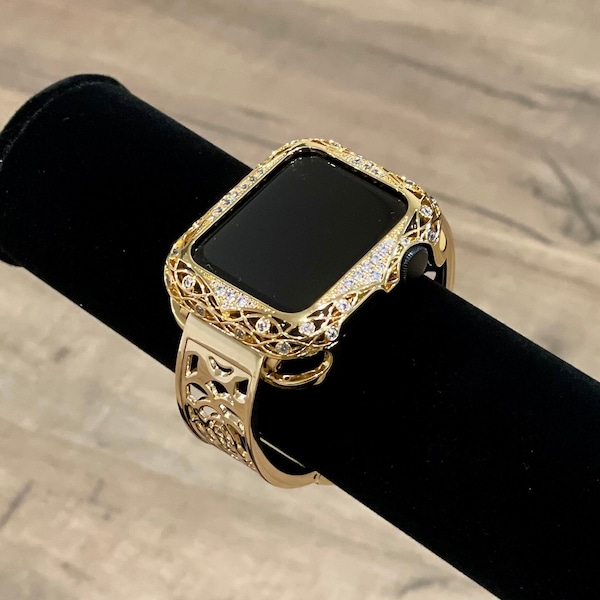 Bling Style Gold Apple Watch Band, Pave Crystals Apple Watch Gold Case Cover, Rhinestones Strap, Apple Watch Jewelry, Diamonds Watch Bezel,