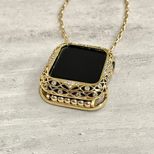 Apple Watch Pendant Necklace with 14K Gold Filled Chain for Women, Luxury Style iWatch Gold Necklace Jewelry, 38mm/40mm41mm/44mm/45mm/42mm