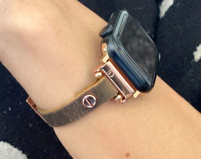 Leather Apple Watch Band - Women's Slim Strap with Rose Gold Detailing, Rustic Brown Bracelet - Fashionable & Durable, Fits Series 1-9/SE