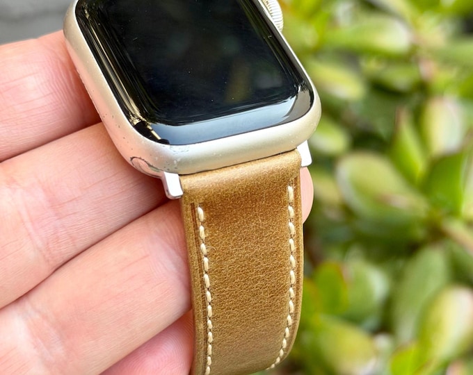 Rustic Brown Leather Apple Watch Band Stitched Strap for Men, Adjustable Silver Accents Wristband