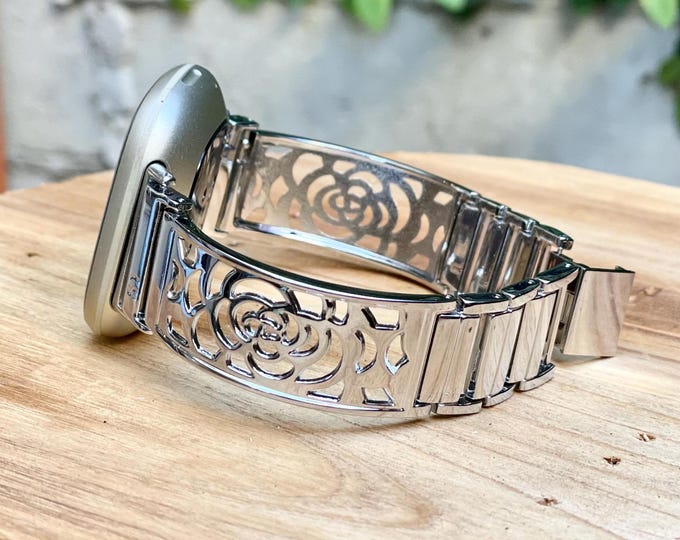 Silver Fitbit Versa 4 Band Floral Engraved Metal Bracelet Versa 3 Band with Heart Charm Women Watch Bangle Fitbit Sense 2 Band, Gift For Her