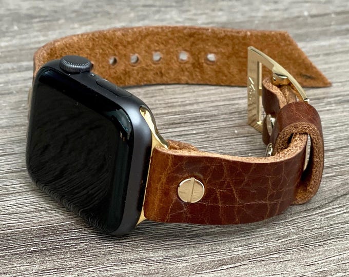 Grain Brown Leather Apple Watch Strap Band, Elegant iWatch Bracelet with Gold Accents, Adjustable Size, Available for All Apple Watch Series