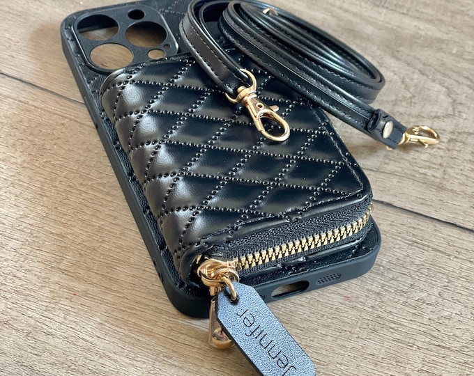 Crossbody Shoulder Strap iPhone Case for 12, 13, 14, 15, 16 Pro Max Plus - Personalized Leather Wallet Phone Case - Gift for Her