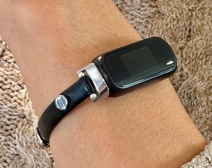 Slim Black Leather Fitbit Inspire 3 Strap Band, Silver Accents Women's Bracelet