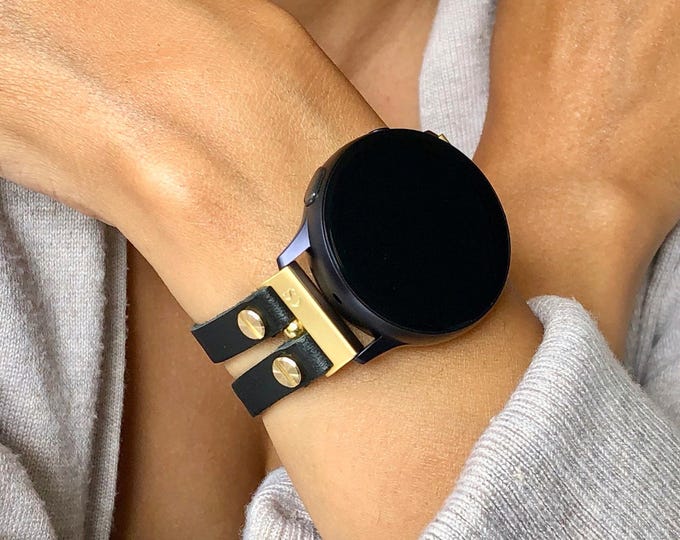 Black Galaxy Watch Leather Band: Gold Double Strap for 7/6/5