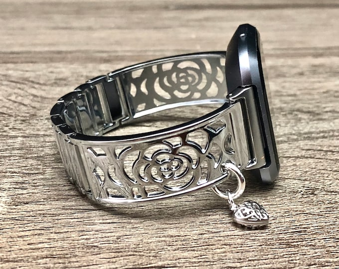 Fitbit Versa 2 Band: Silver Bangle Heart Charm Dressy Bracelet