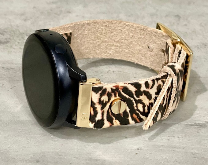 20mm Galaxy Watch Band 7, 6, 5 Series - Leopard Print Strap, Gift for Her, Gold Accents, Mother's Day Gift, Replacement Samsung Watch Band