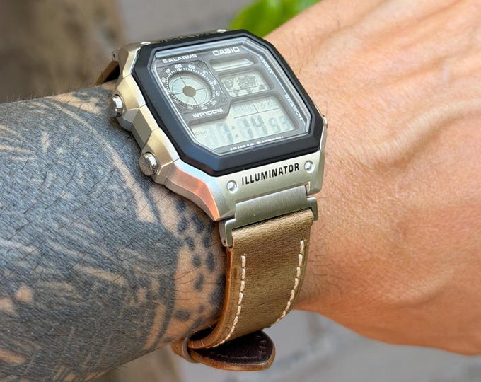Tan Leather Watch Band for Casio AE1200WHD-1A, Adjustable Strap Bracelet