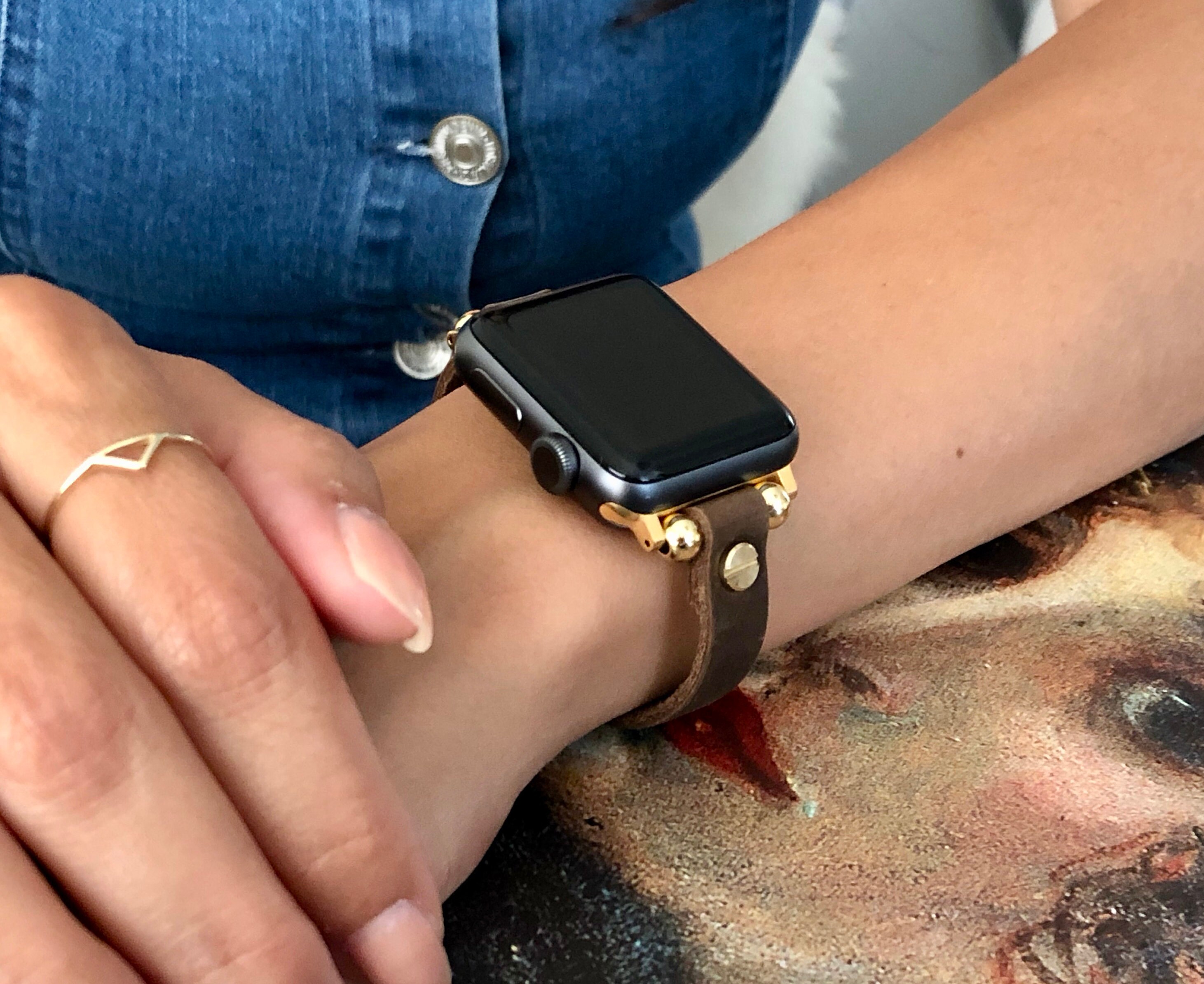 Apple Watch 38mm 40mm 42mm 44mm Band Vintage Leather & Yellow Gold