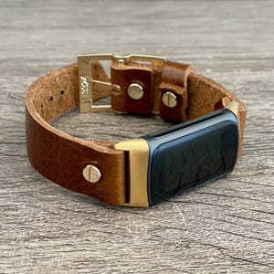 Fitbit Charge 6 Band - Grain Brown Leather Bracelet, Adjustable Size Gold Strap, Stylish Fitbit Charge 6 Strap, Gold Accents, Gift for Her