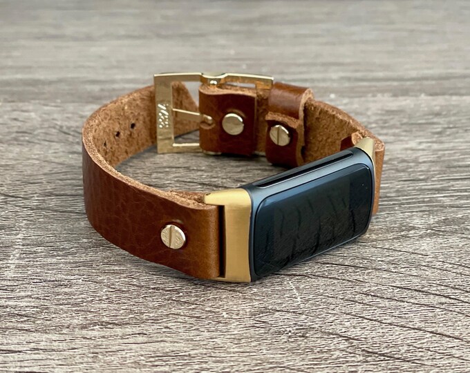 Fitbit Charge 6 Band - Grain Brown Leather Bracelet, Adjustable Size Gold Strap, Stylish Fitbit Charge 6 Strap, Gold Accents, Gift for Her
